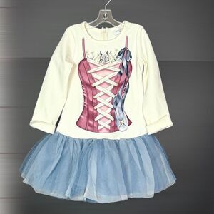 Monnalisa Dress Tulle Skirt White Blue Ballet Tutu Print Long Sleeve sz 5 (110)